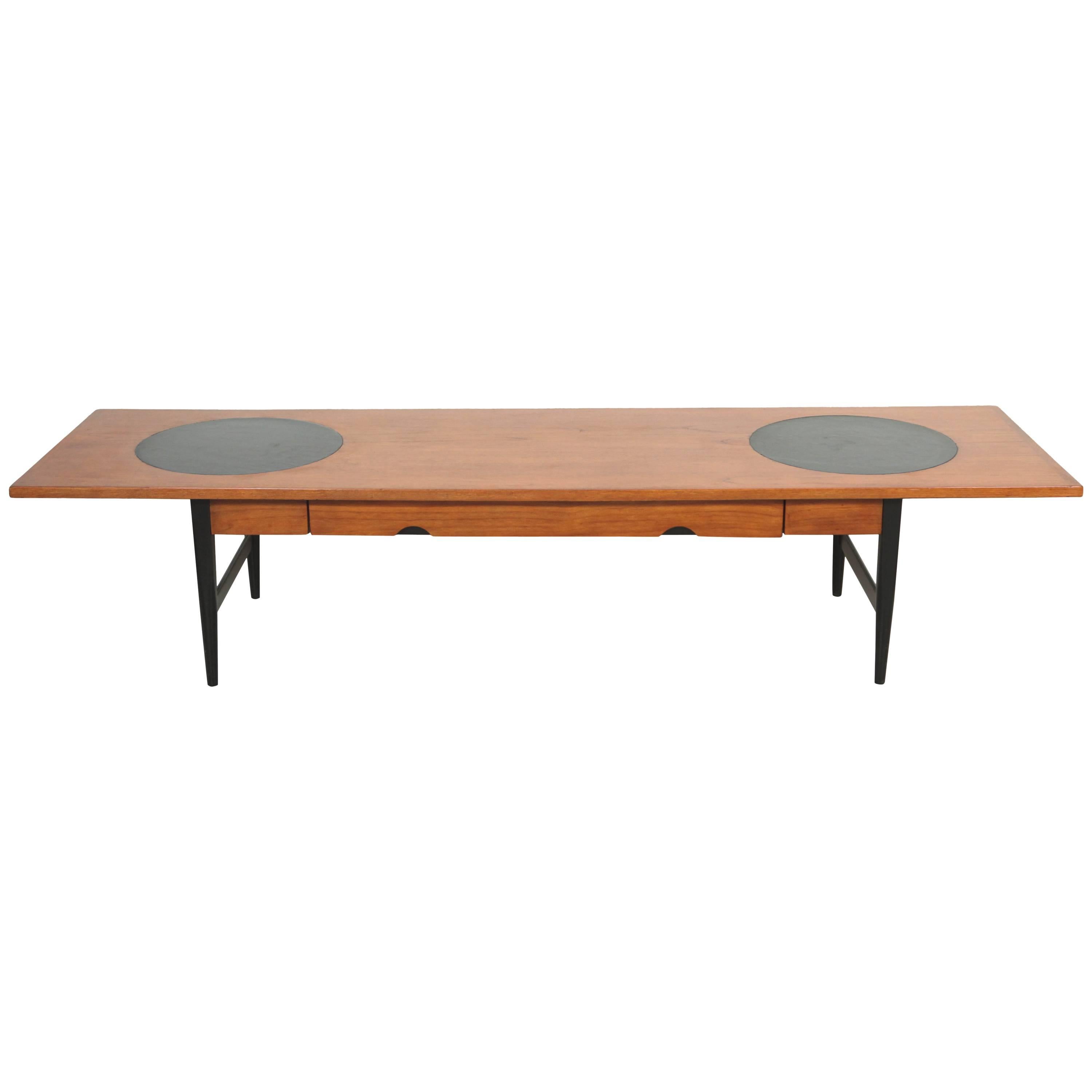 Long Coffee Table with Leather Inlay and Drawer at 1stDibs