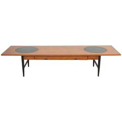 Vintage Long Coffee Table with Leather Inlay and Drawer