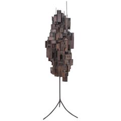 Brutalist Cityscape Wood Sculpture on Iron Pronged Pedestal