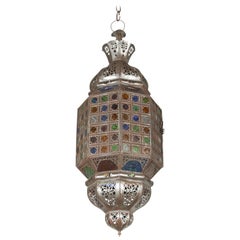 Vintage Moroccan Metal Moorish Lantern with Stained Glass