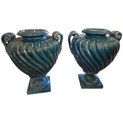 Pair of Marine Blue Grecian Style Urns, France, 1920