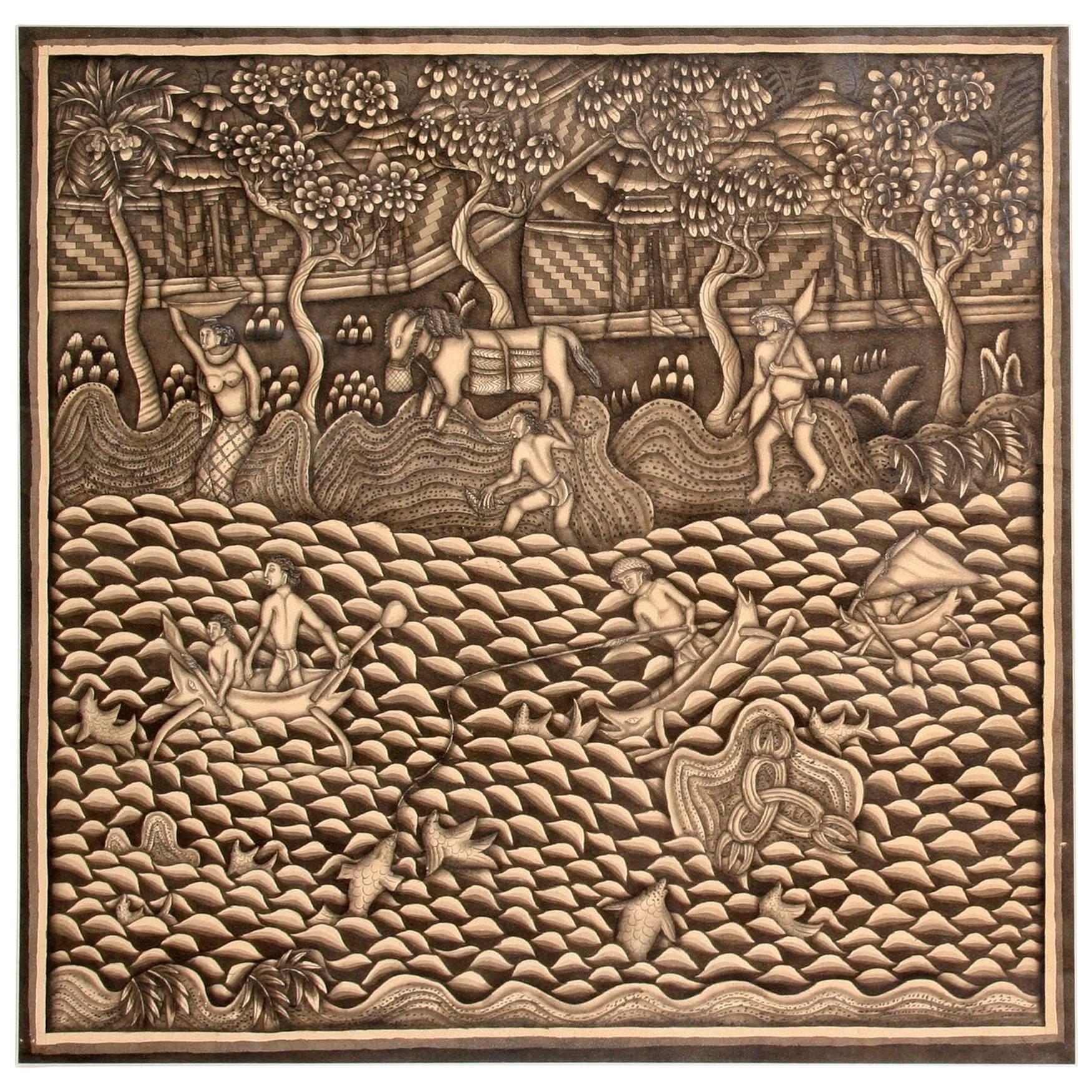 Fine Batuan Allegorical Watercolor, Bali, 1950s
