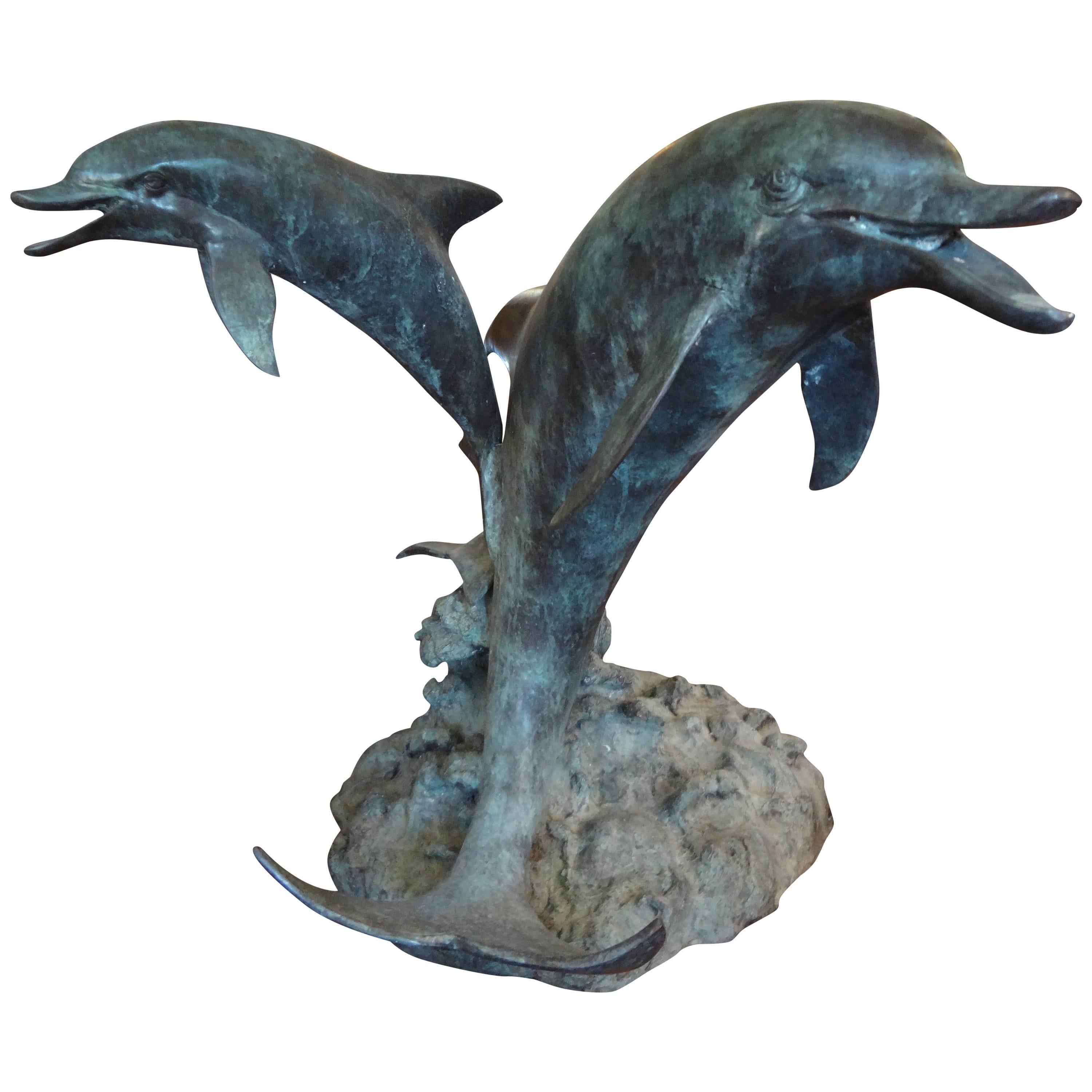 Patinated Bronze Triple Dolphin Center Table With Glass Top