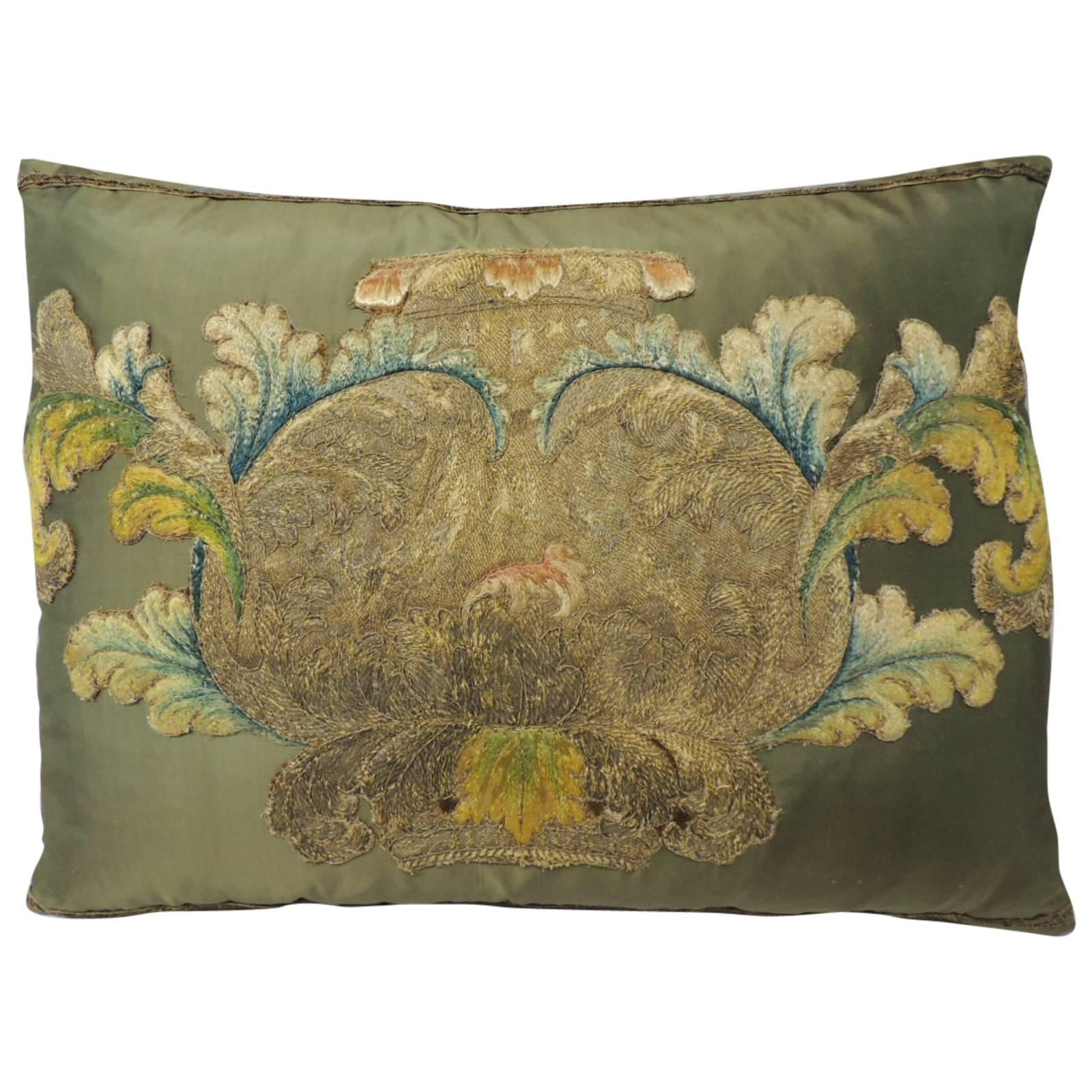 19th Century Silk Applique Bolster Decorative Pillow