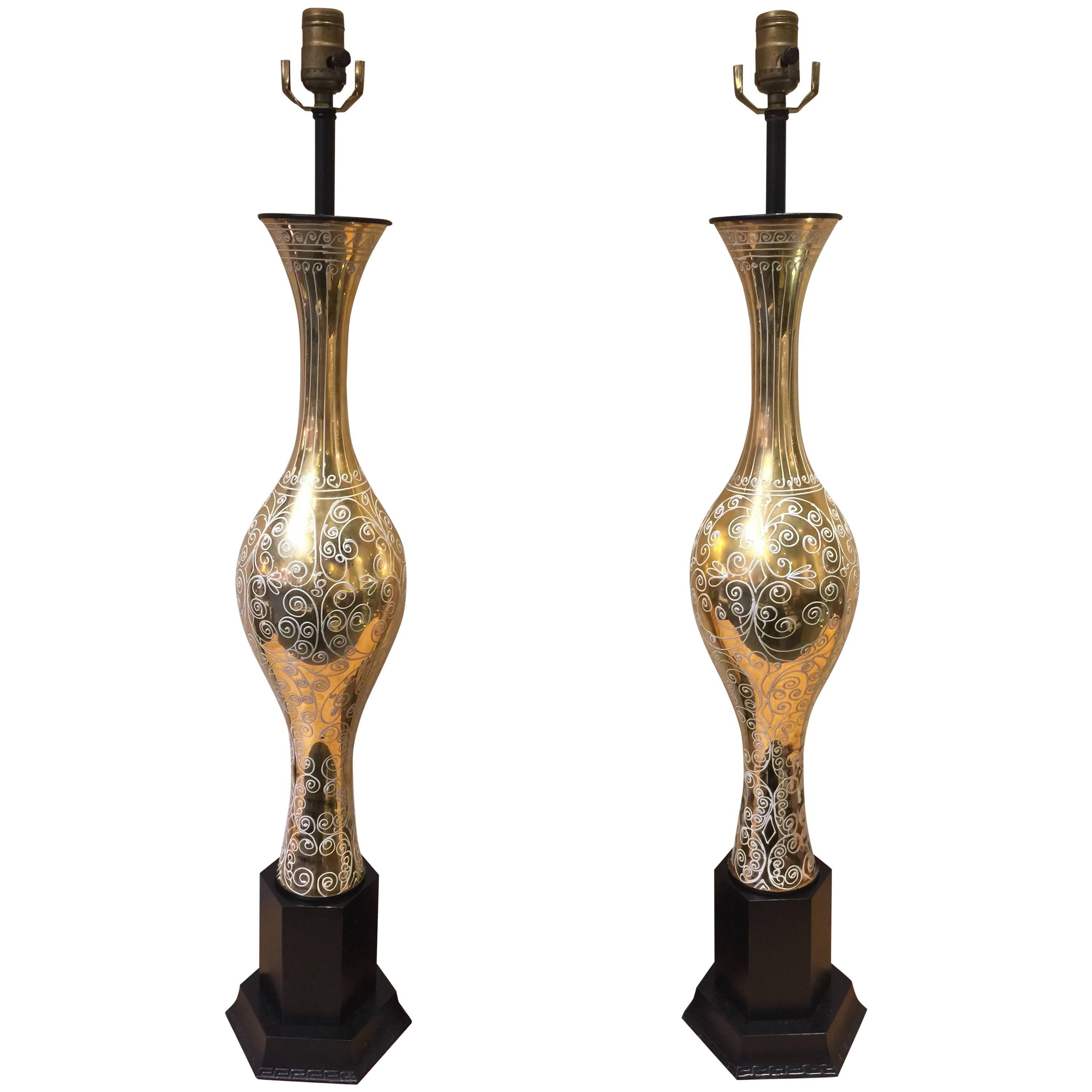 Tall Pair of Gilt and Enameled Murano Glass Lamps