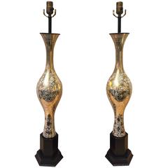 Tall Pair of Gilt and Enameled Murano Glass Lamps