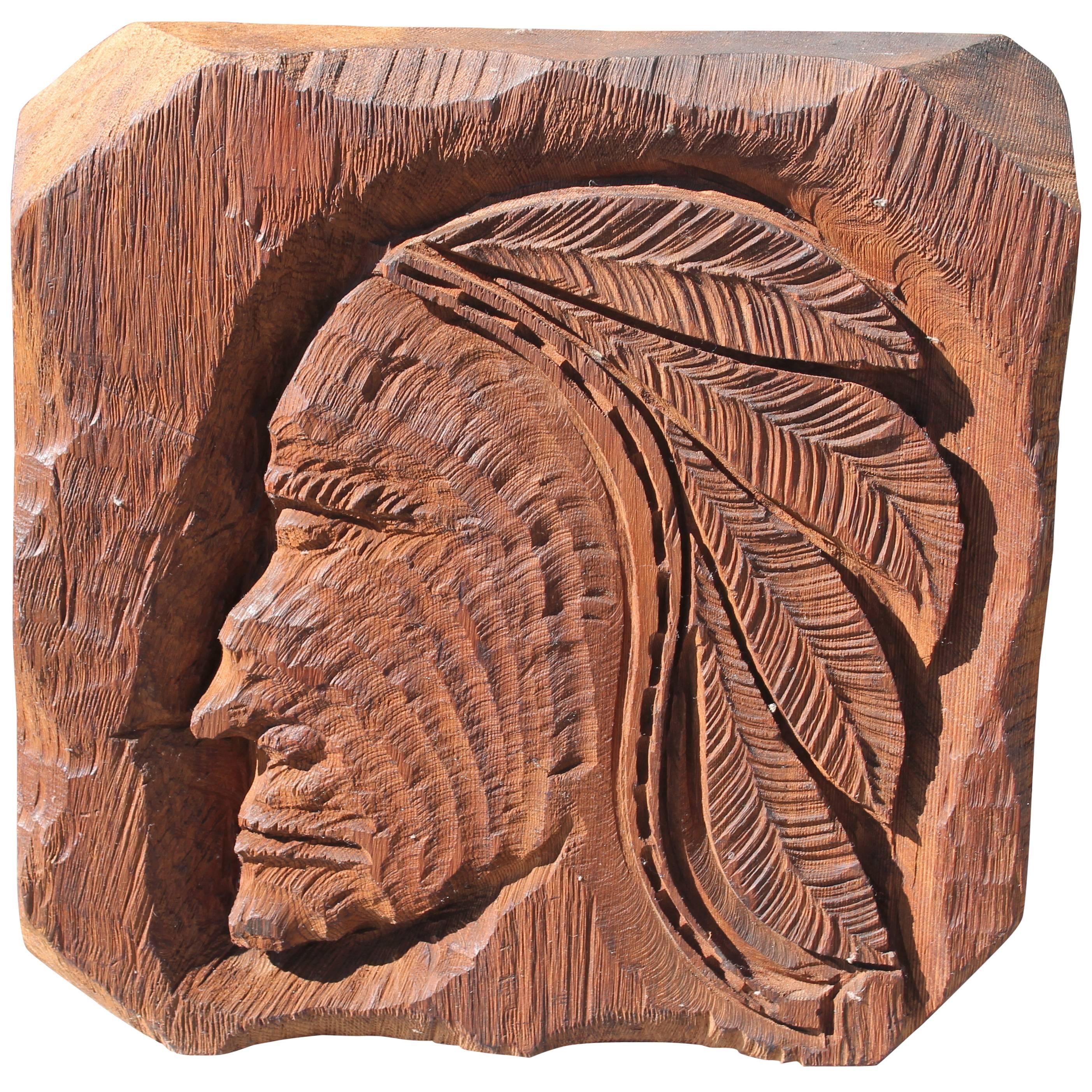 Mid-Century Monumental Hand-Carved Indian Chief Carving