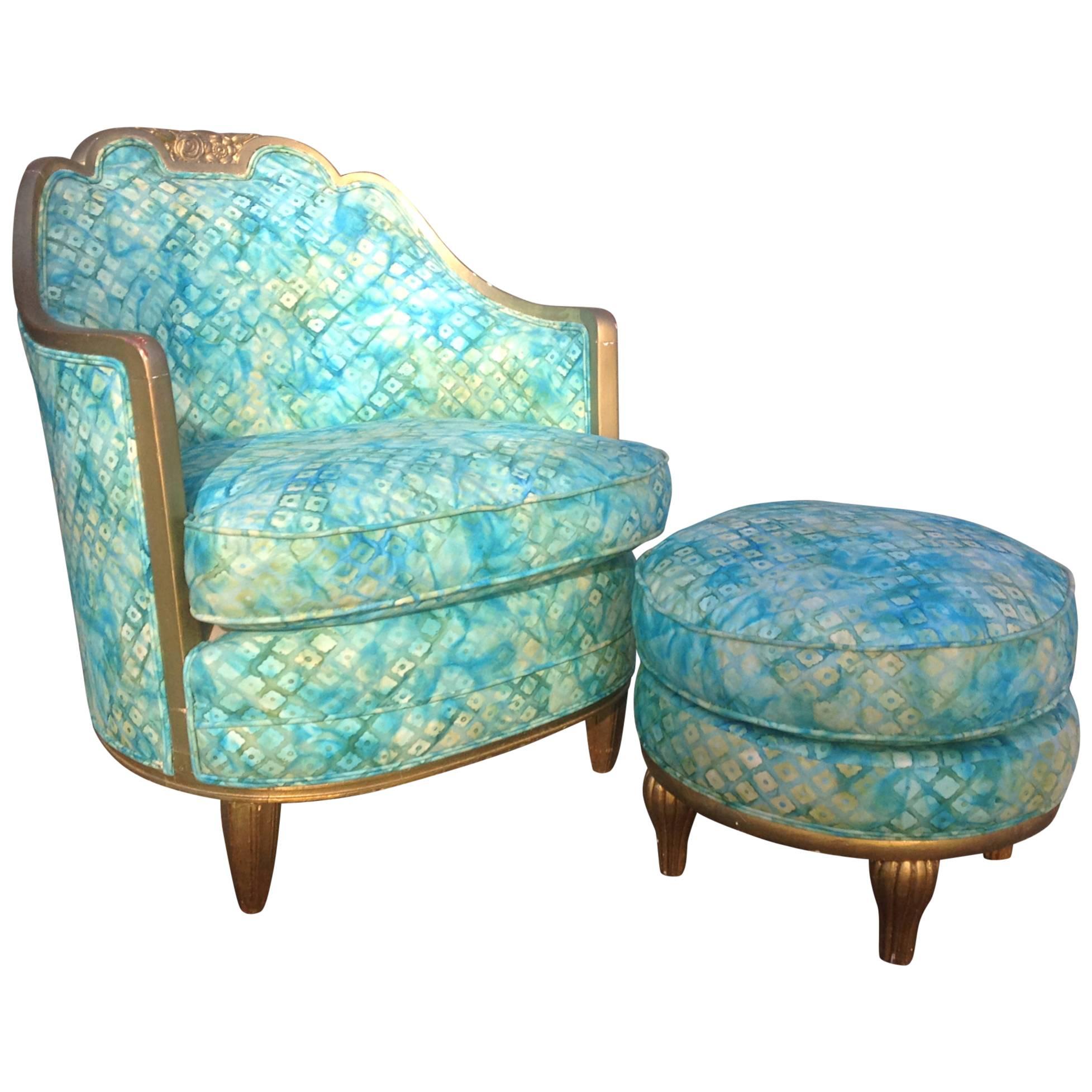 French Art Deco Gilt Lounge Chair with Round Pouf in the Style of Paul Follot For Sale