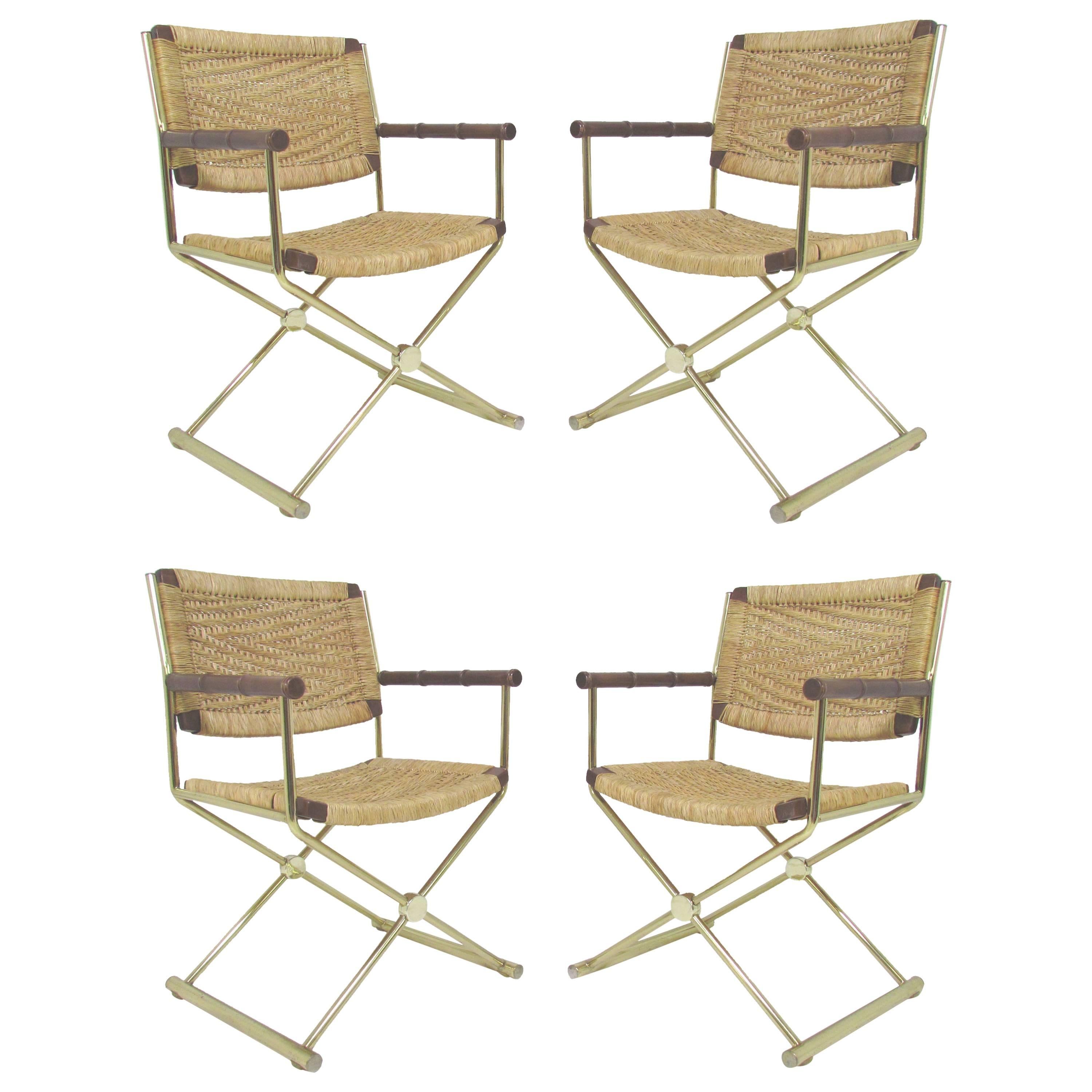 Set of Four Brass X-Form Director Style Armchairs