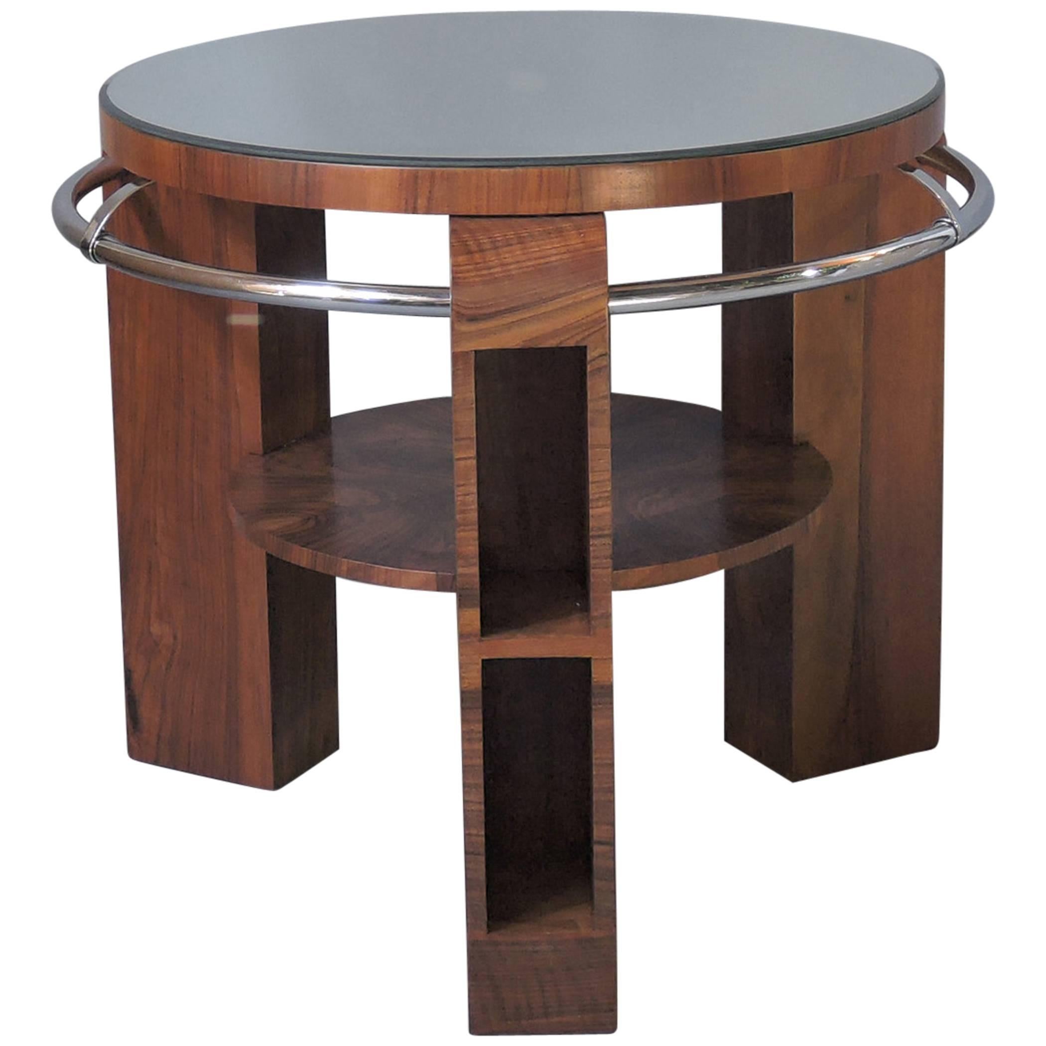 A Fine French Art Deco Walnut and Chrome Two-Tiered Gueridon For Sale