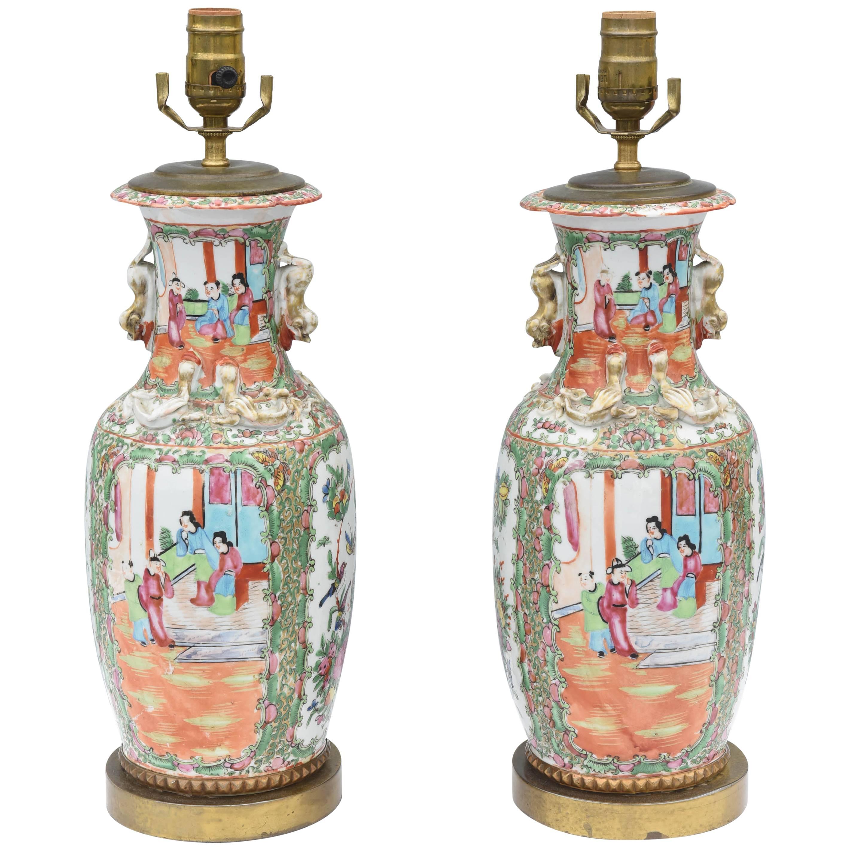 Pair of 19th Century Chinese Export Rose Mandarin Vase Lamps