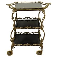 Antique Ornate French Brass and Black Glass Dessert or Bar Cart with Removable Tray