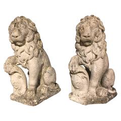 Pair of Small Cast Stone Lions from France