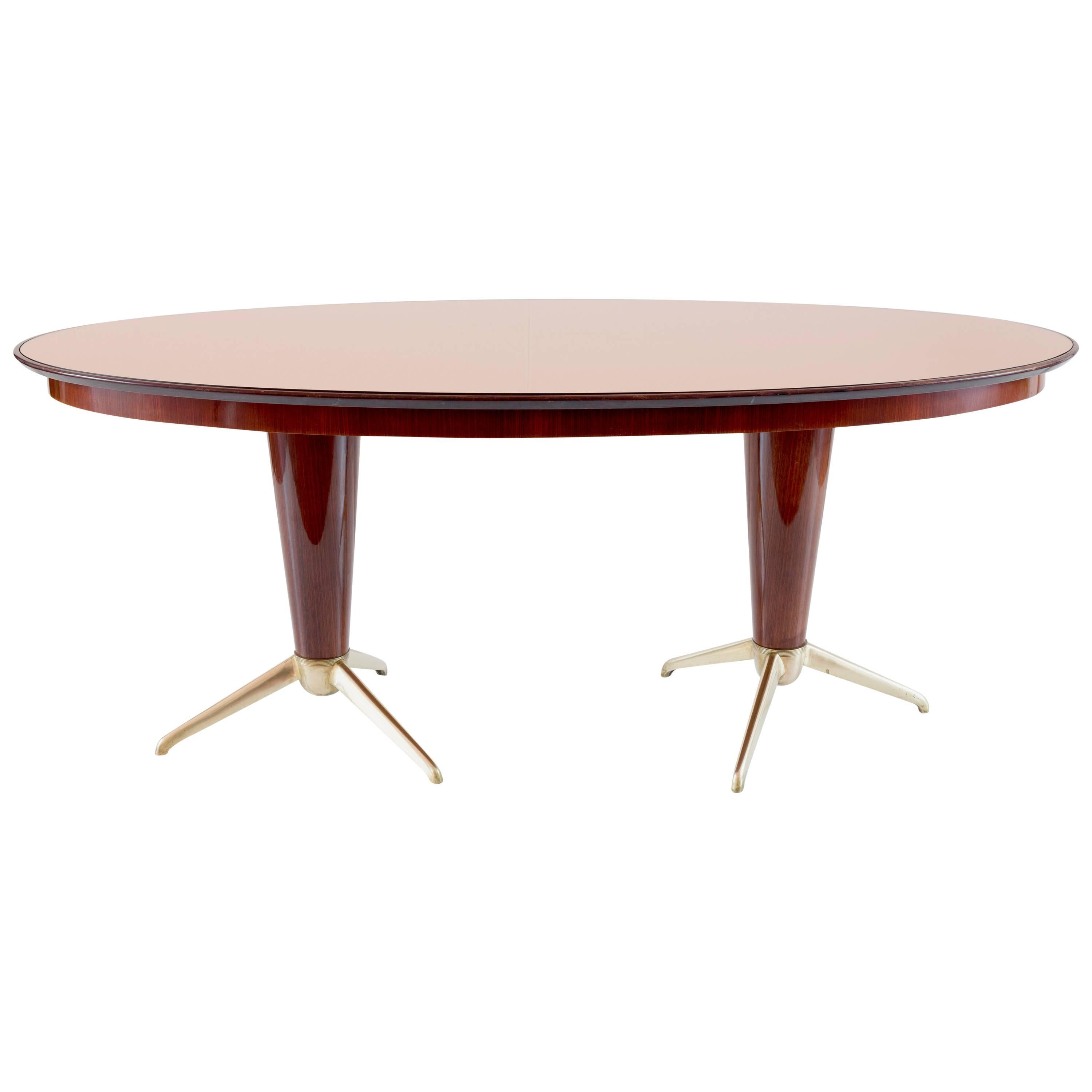 Oval Mahogany Brass Dining Table, Pink Mirror Top, 1952 For Sale