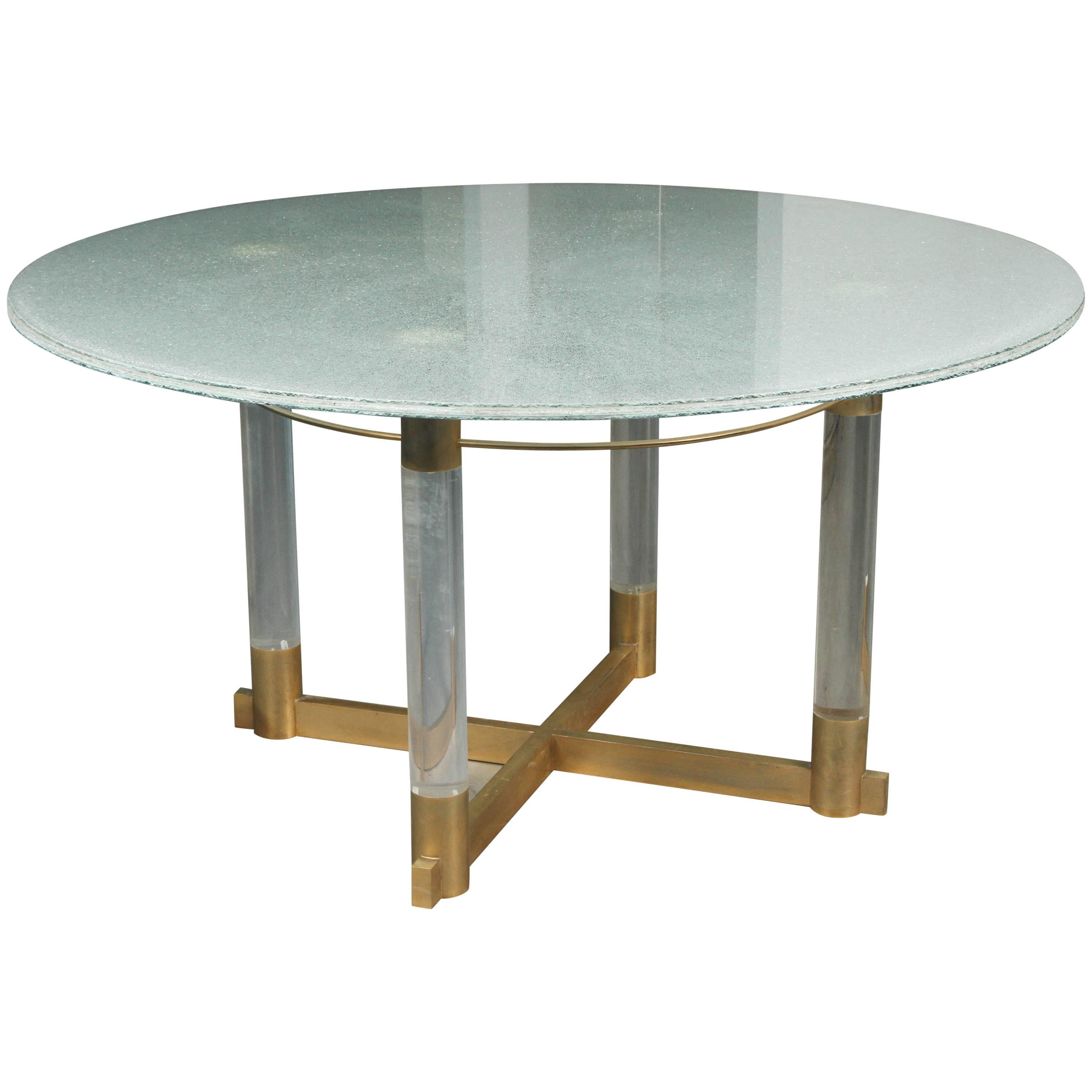 Crackled Glass Dining Table with a Base of Lucite and Brass For Sale