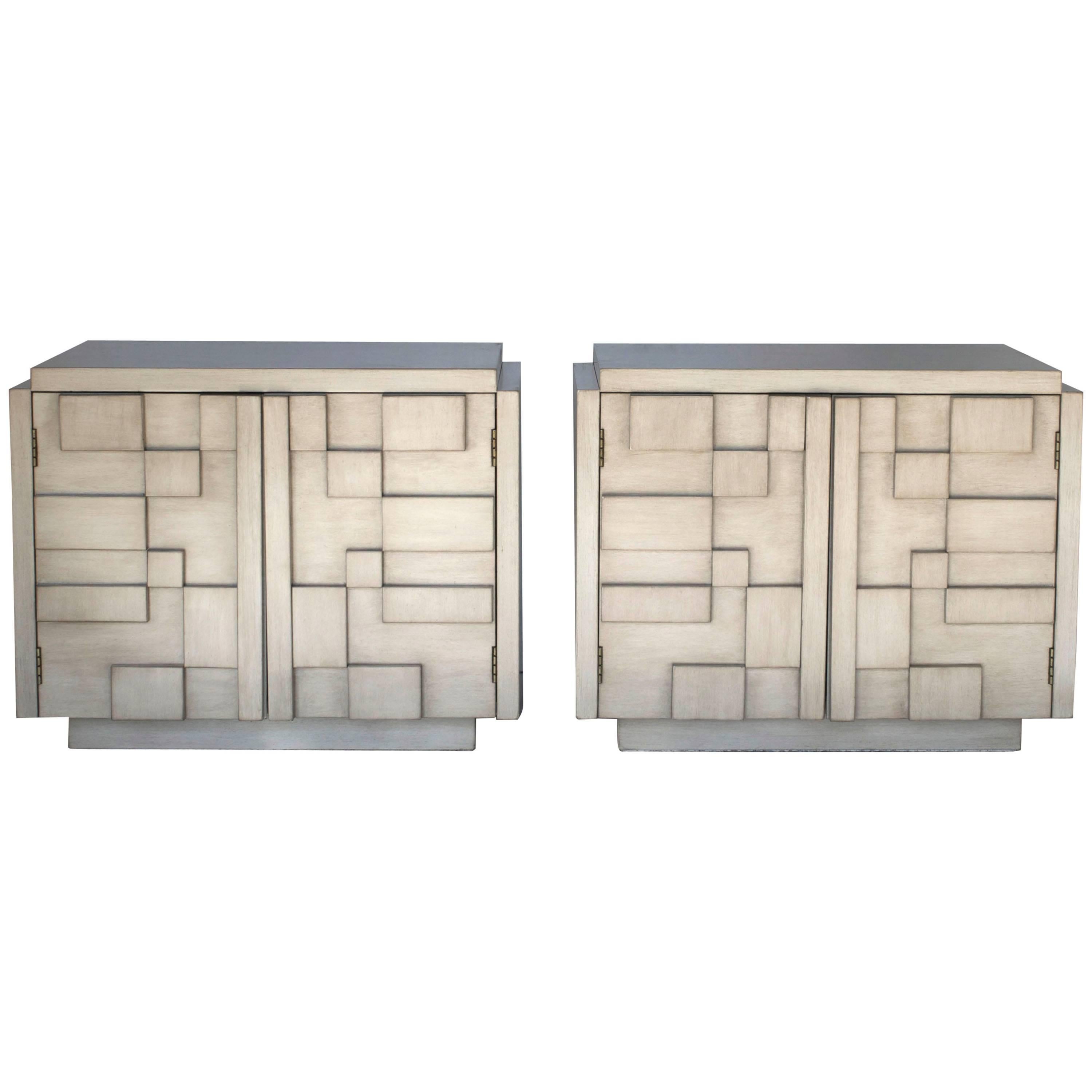 Pair of Brutalist Lane Mosaic Nightstands in Driftwood Finish