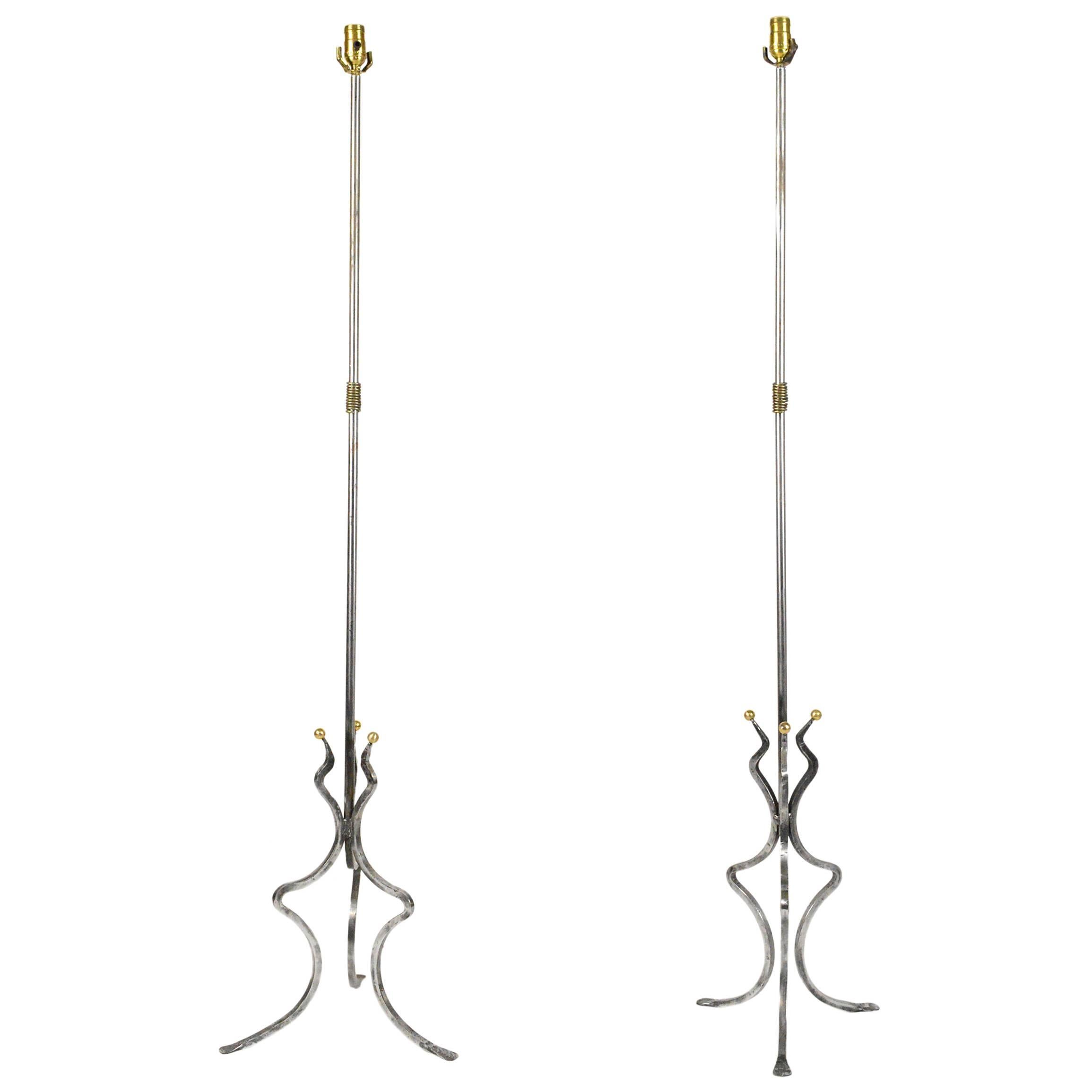 Pair Mid-Century Steel Polished and Brass Floor Lamps For Sale