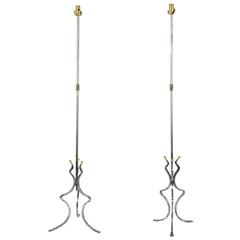 Pair Mid-Century Steel Polished and Brass Floor Lamps