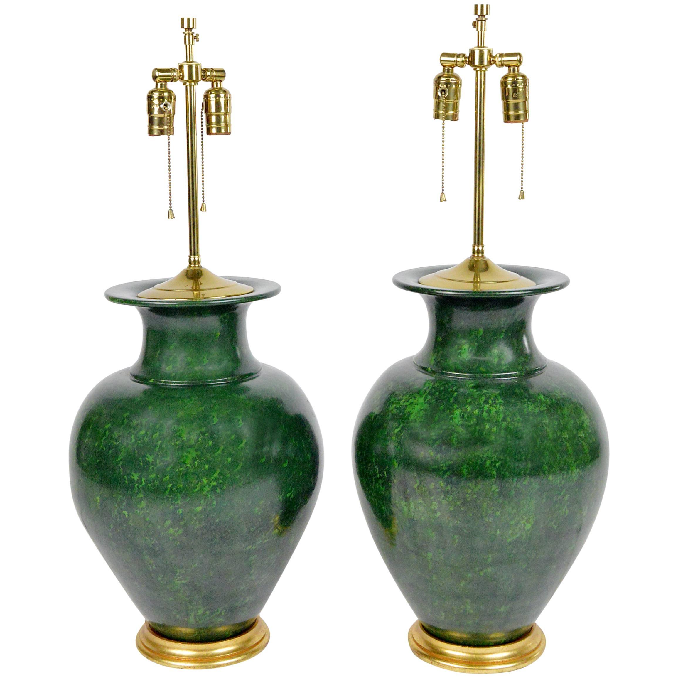 Pair of Large Green Urn Form Pottery Table Lamps