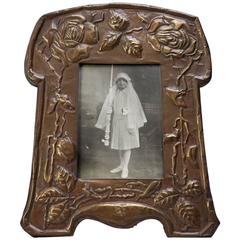 Large 19th Century Art Nouveau Latten Picture Frame Decorated with Roses 9