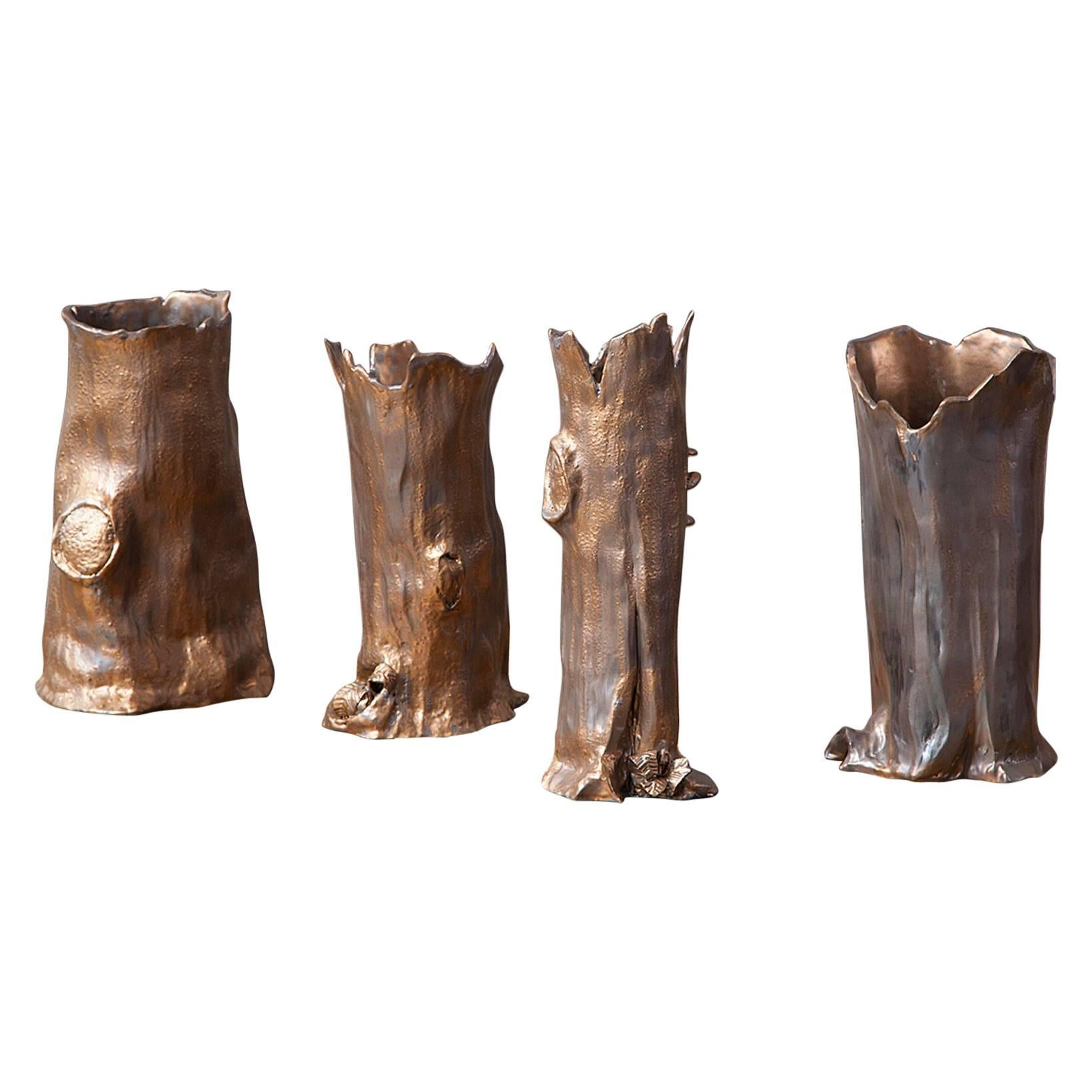 Loie Acevedo Faux-Bois Ceramic Vases in Bronze