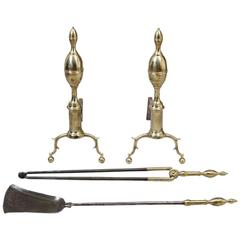 Pair of Federal Double Lemon-Top Andirons with Matching Tools