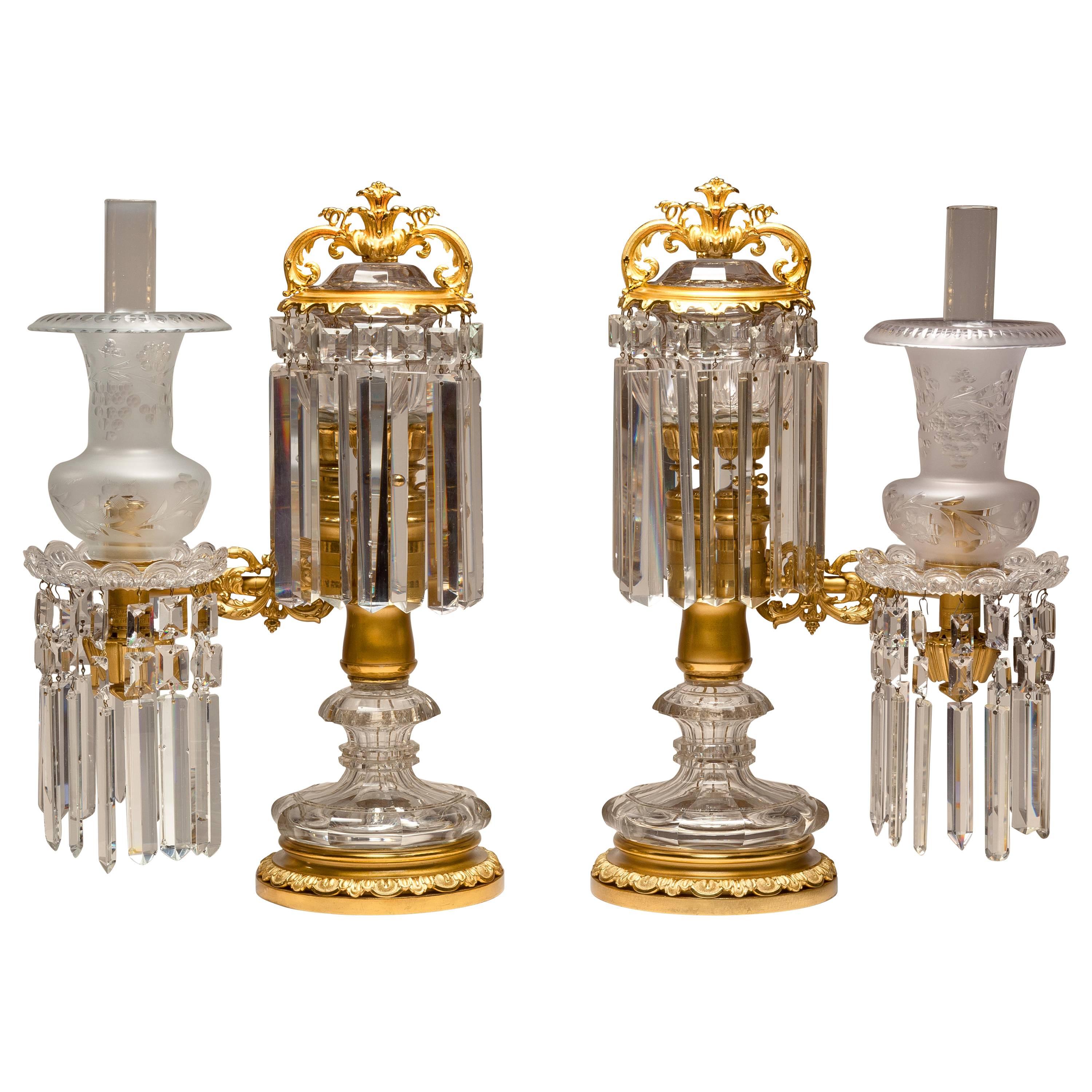 Pair of Crystal and Brass Argand Lamps, circa 1830 For Sale