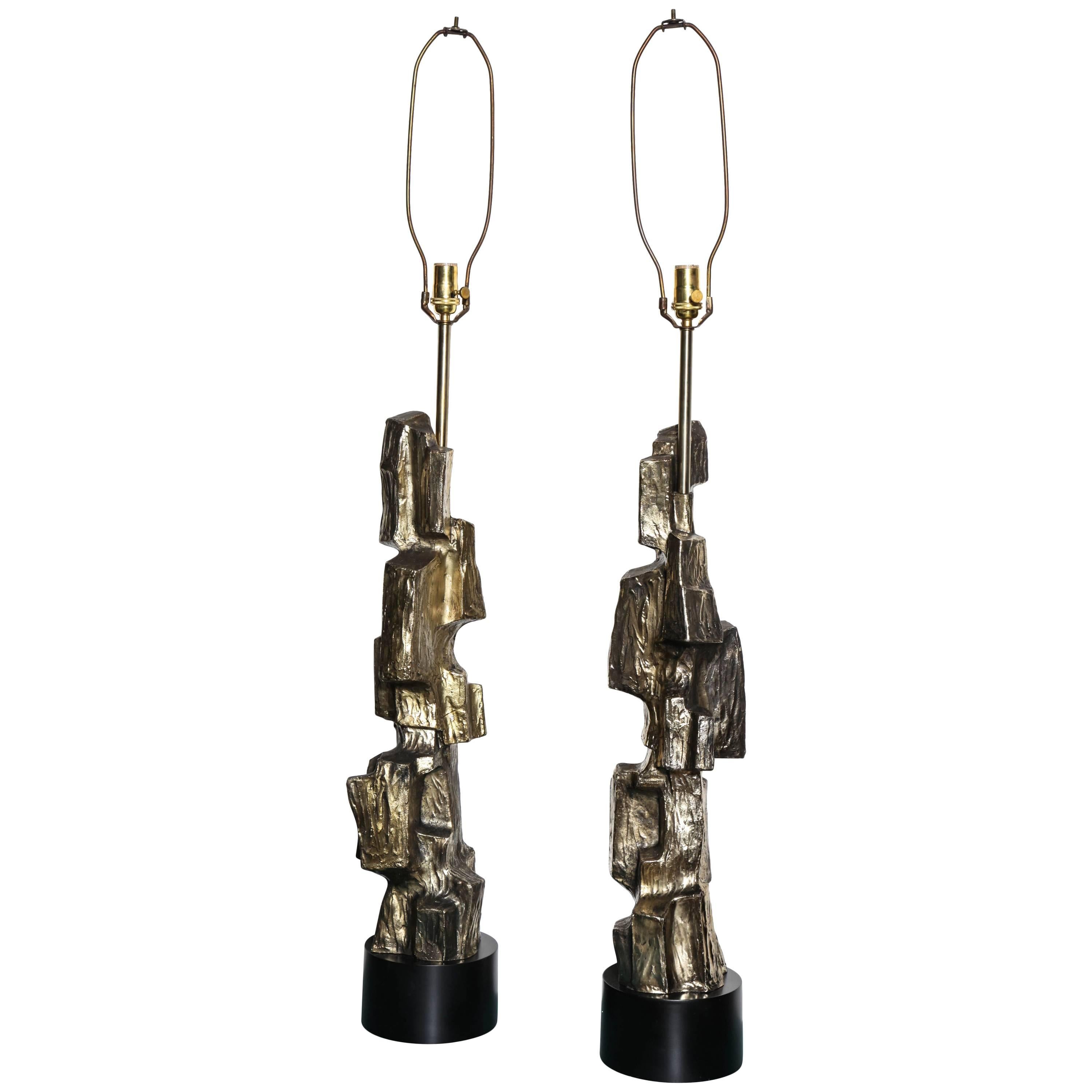 pair of extra-large Maurizio Tempestini for Laurel Bronzed Brutalist Lamps