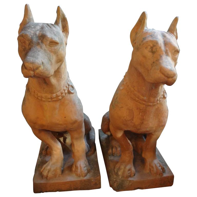 Pair of Antique Italian Terra Cotta Dog Statues For Sale at 1stdibs