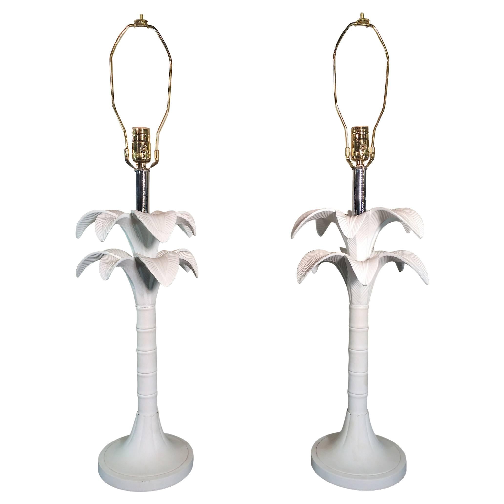 Pair Of Hollywood Regency Cast Metal Palm Motif Table Lamps