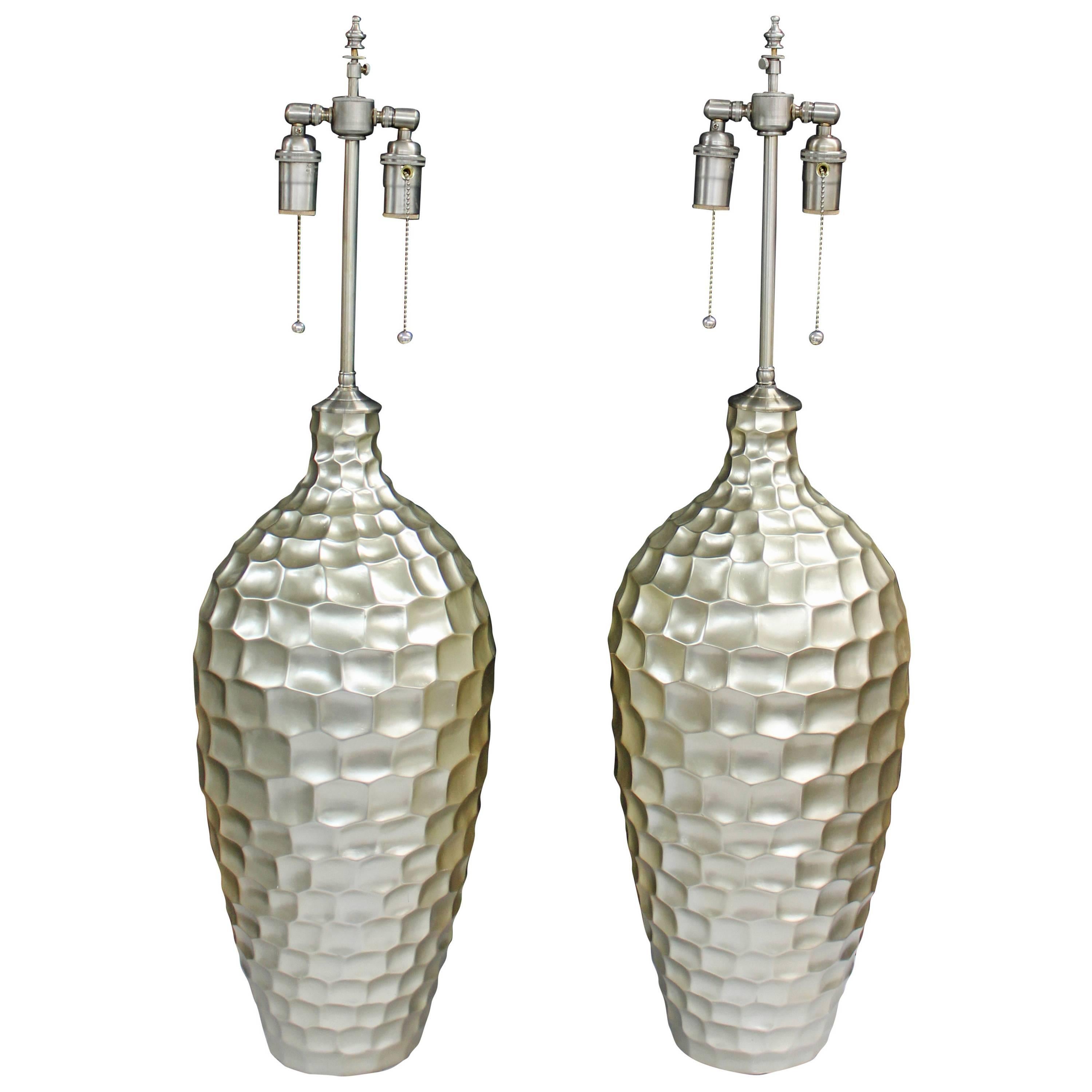 Pair of Large Textured Ceramic Vessels with Lamp Application