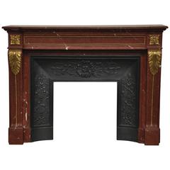 Antique Louis XVI Style Fireplace in Griotte Red Marble with Bronze Ornaments