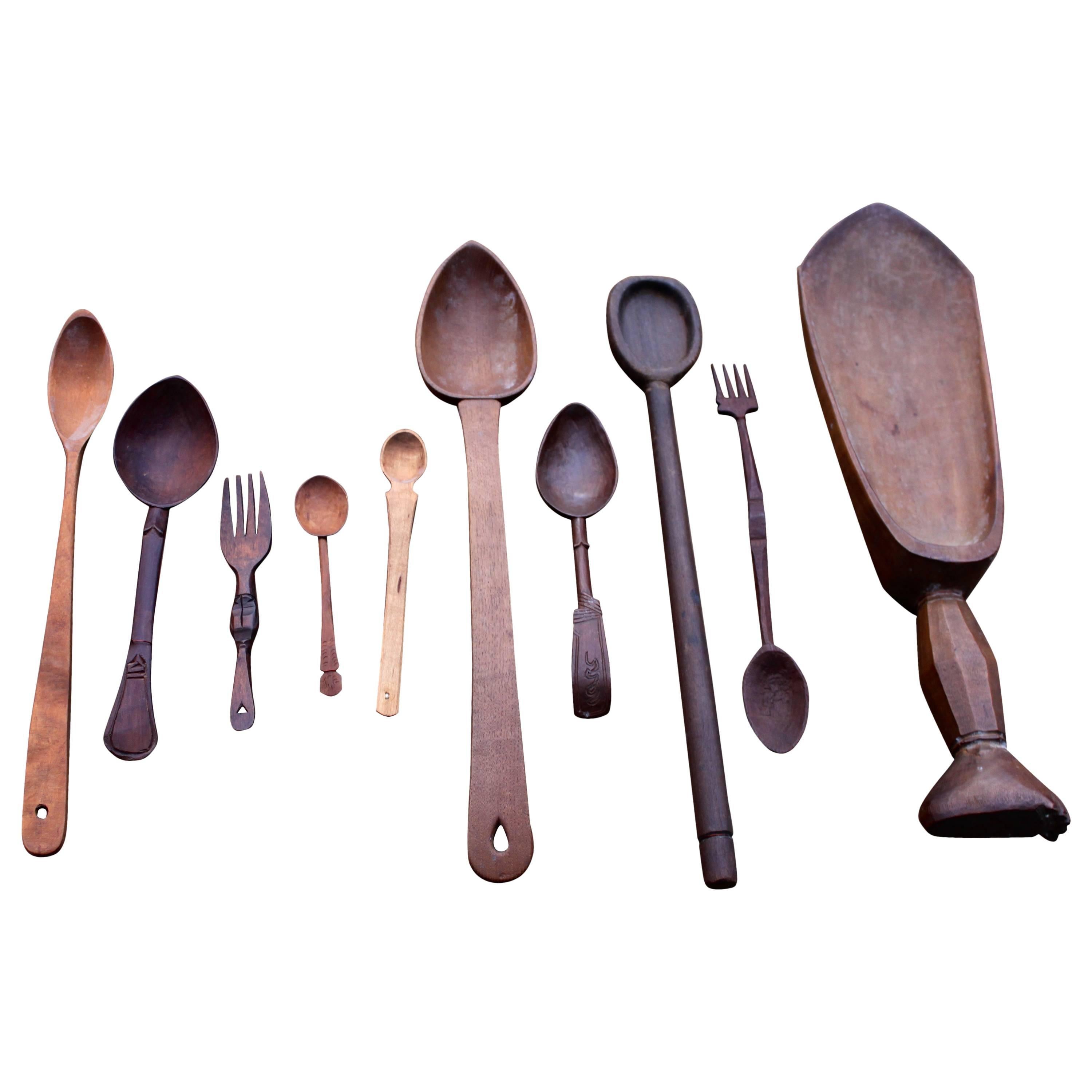 Eclectic Collection of 18th and 19th Century Treenware Spoons For Sale
