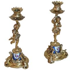 Pair of 19th Century French Ormolu and Porcelain Mounted Candlesticks 