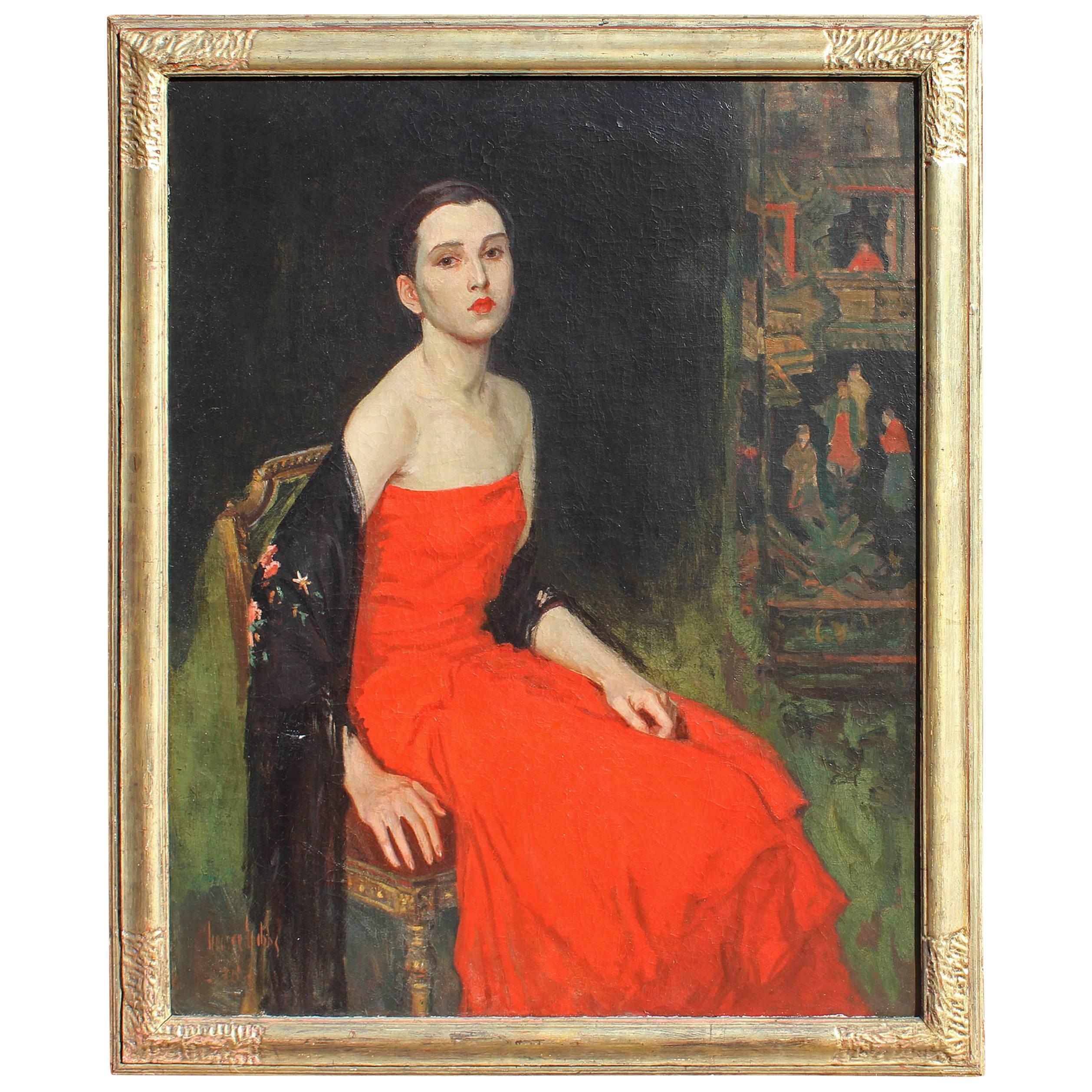 "Woman in Red", Japonisme Impressionist Portrait by George Gibbs
