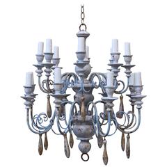 Light Painted Italian Chandelier with Giltwood Drops
