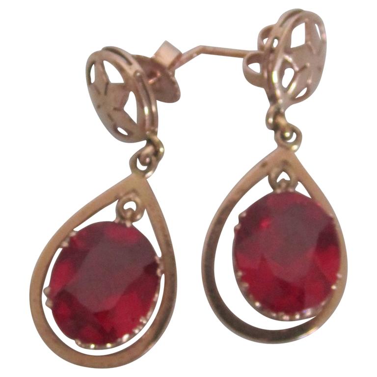 Vintage 14 Karat Pink Gold Earrings With Red Ruby Style Stones For Vintage 14 Karat Pink Gold Earrings With Red Ruby Style Stones For