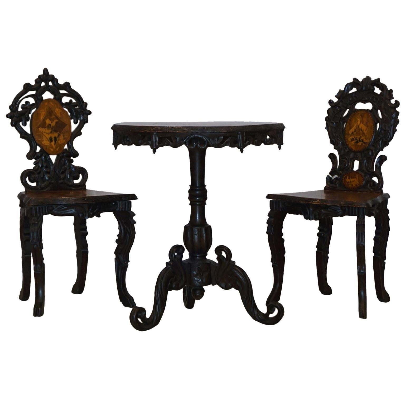 Late 19th Century Wooden Animal Inlay Table Set from Switzerland