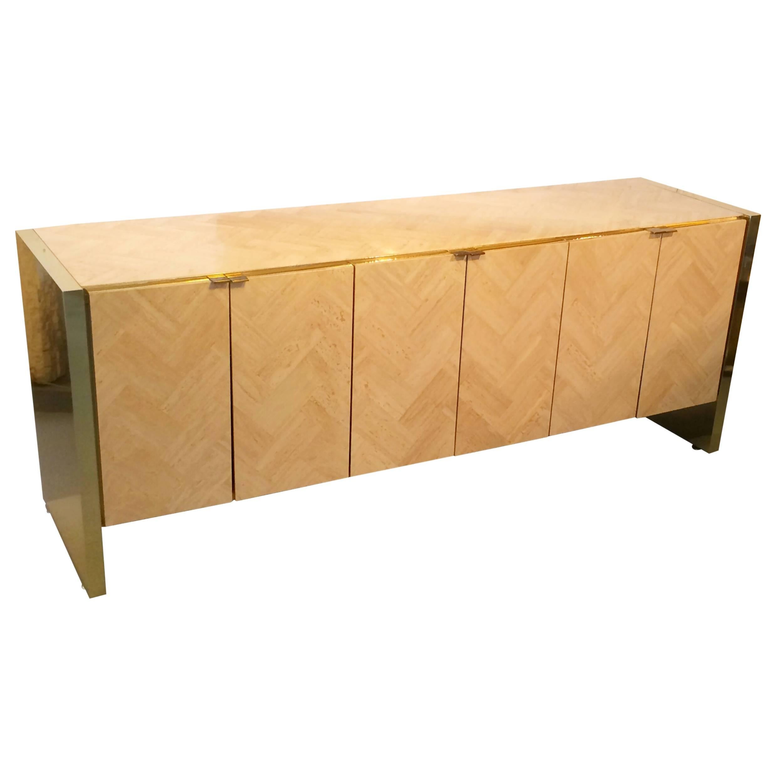 Italian Polished Travertine and Brass Cabinet by Ello