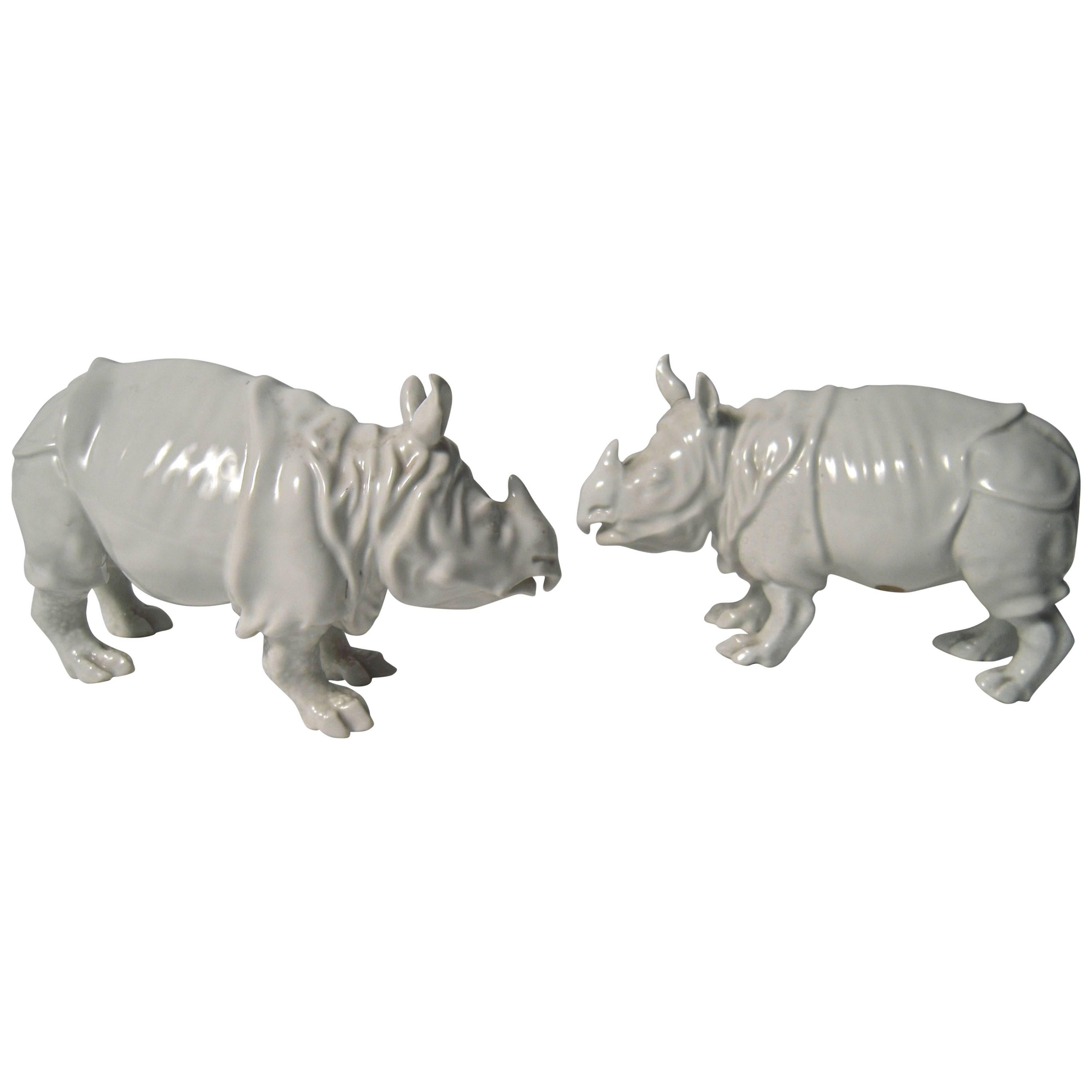 Pair of White Porcelain Rhinoceroses