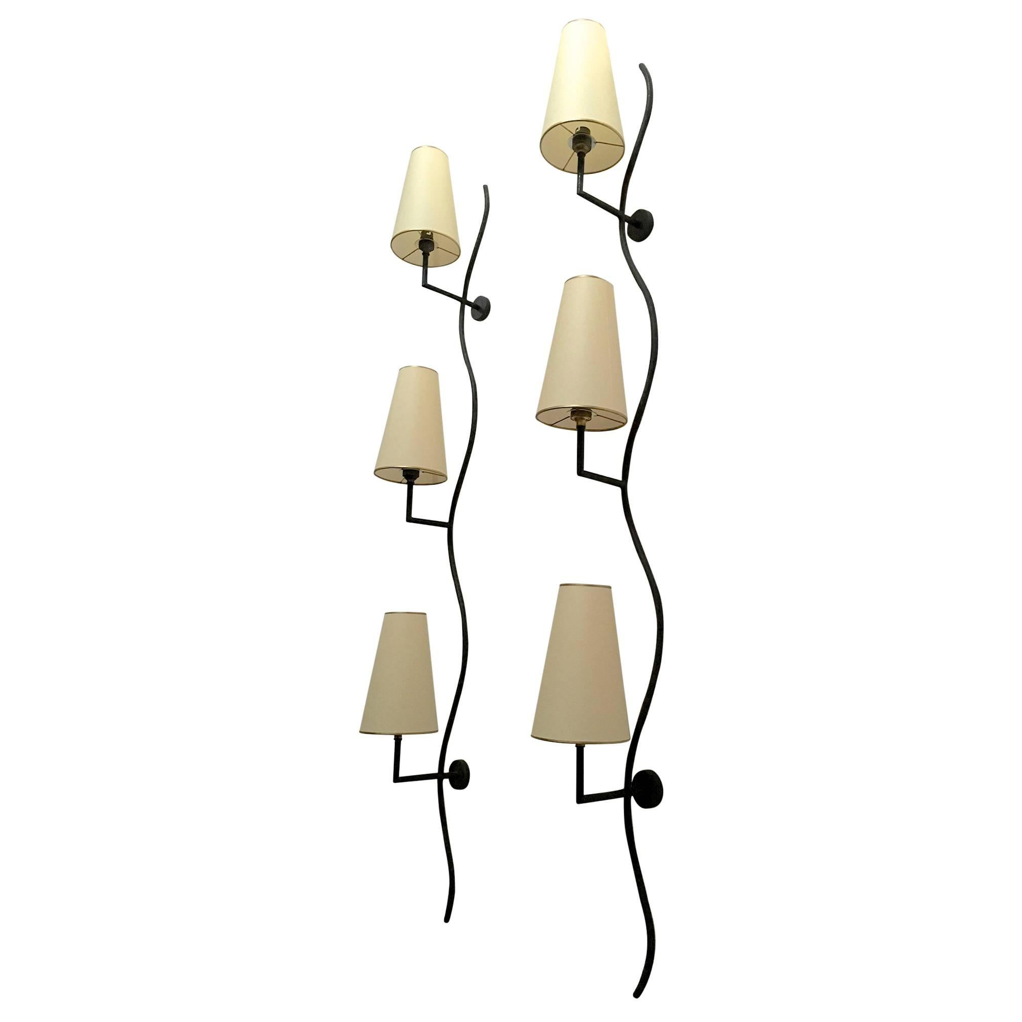 Jean Royère Pair of Vertical "Ondulation" Three-Lights Sconces For Sale