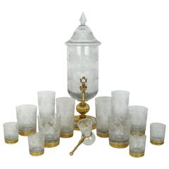 Unusual Cut Crystal and Bronze Liquor Set with 12 Glasses