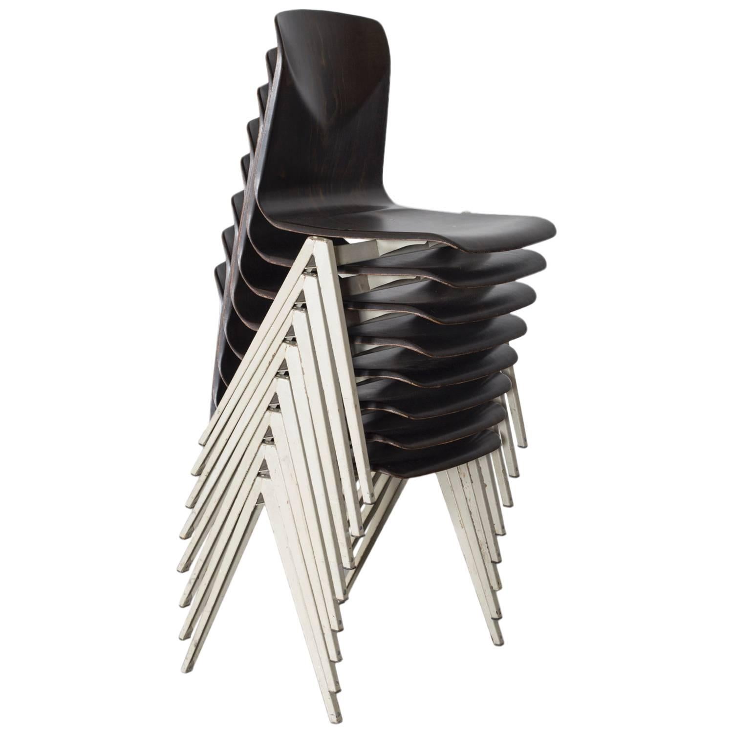 Set of 12 Prouve Style Industrial Stacking School Chairs