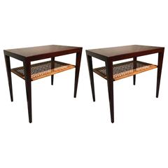 Hans Severin Design Pair of Rosewood Side Tables with One Cane Tier 