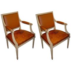 Pair of French Fauteuil, Leather Upholstered