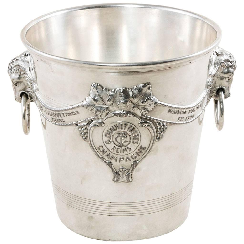 Antique French G. Chauvet Freres Reims Silver Plate Champagne Bucket with Rams