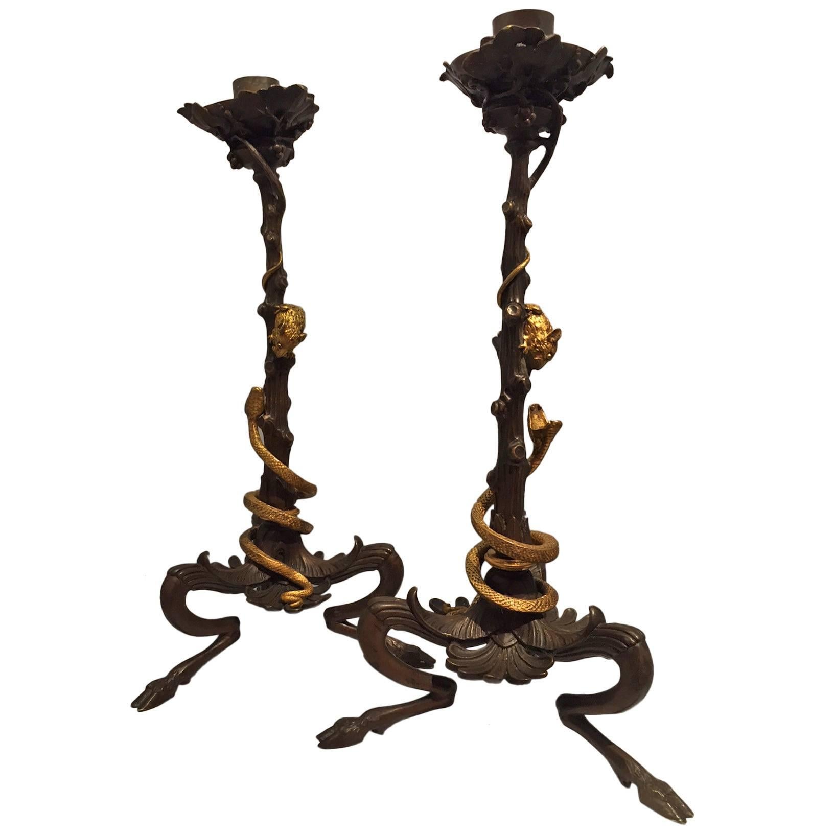 Pair of Bronze Victor Paillard Style Candle Sticks