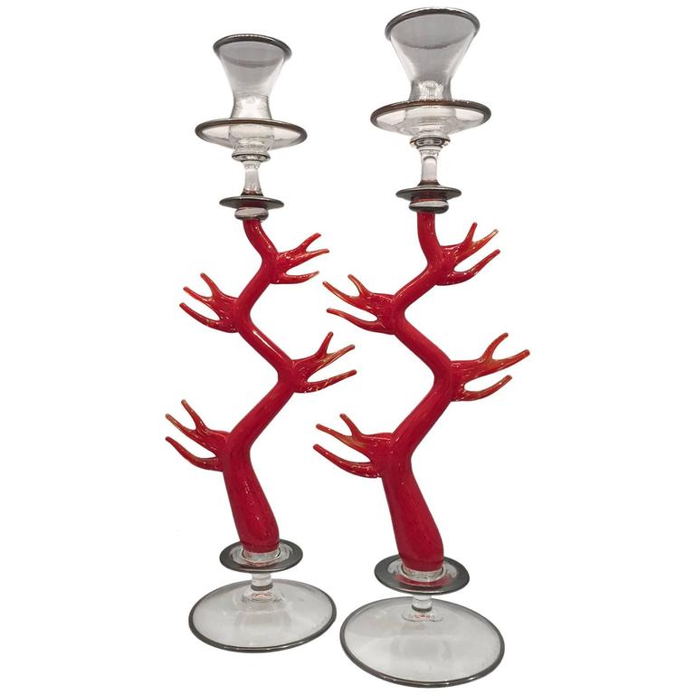 Elegant Pair of Handblown Glass Red Coral Candlesticks at 1stdibs