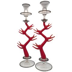 Elegant Pair of Handblown Glass Red Coral Candlesticks