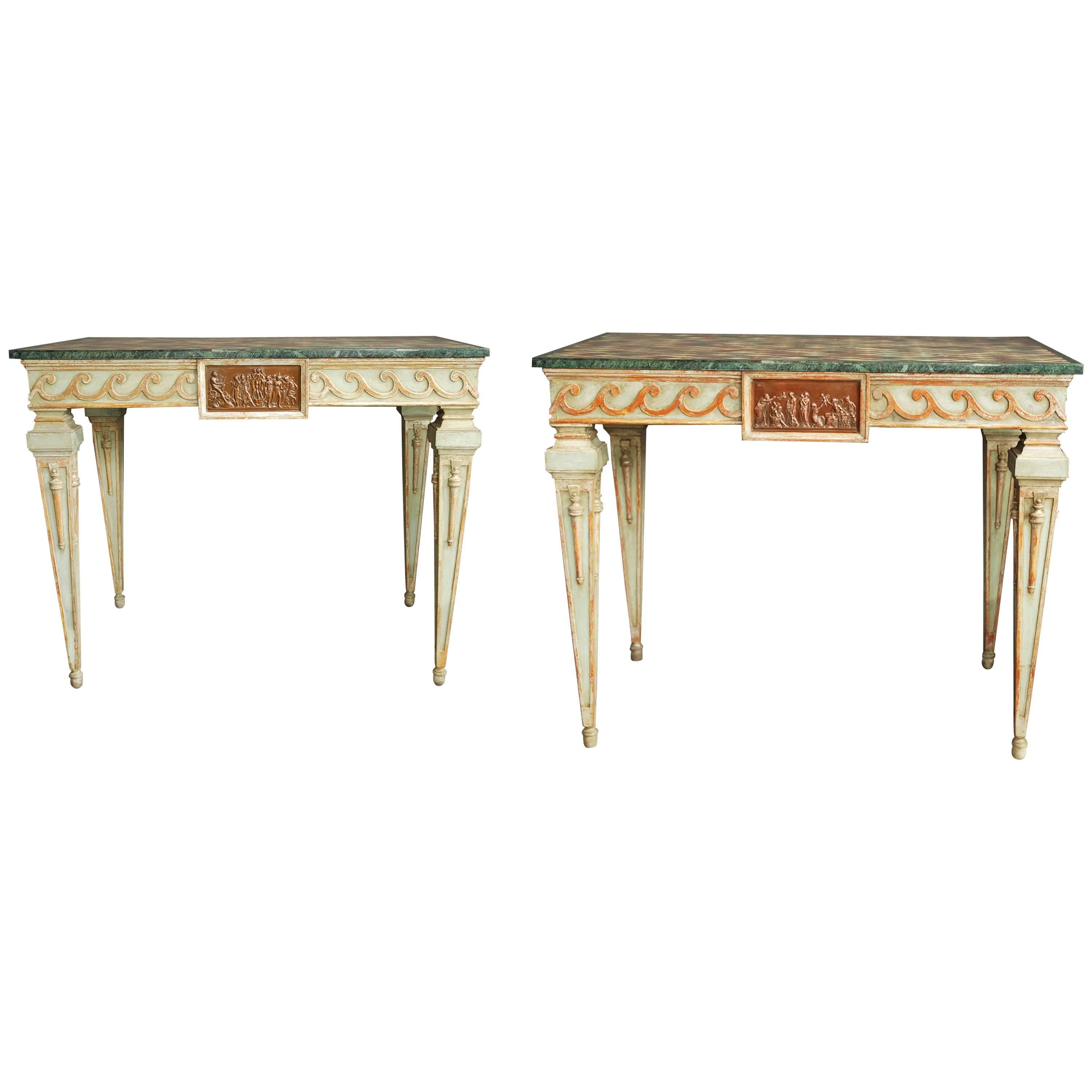 Highly Decorative Pair of Early 20th Century Italian Painted Console Tables For Sale